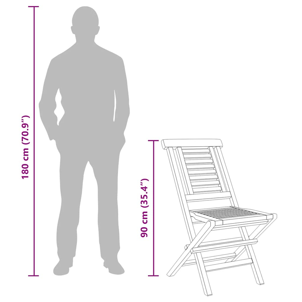 Ein Mann (180 cm) neben einem Klappstuhl (90 cm).