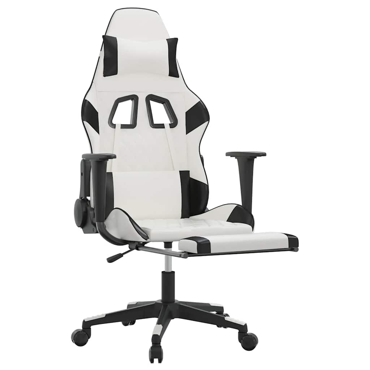 Ein weißer und schwarzer Gaming-Stuhl mit ausziehbarer Fußstütze und Kopfkissen.