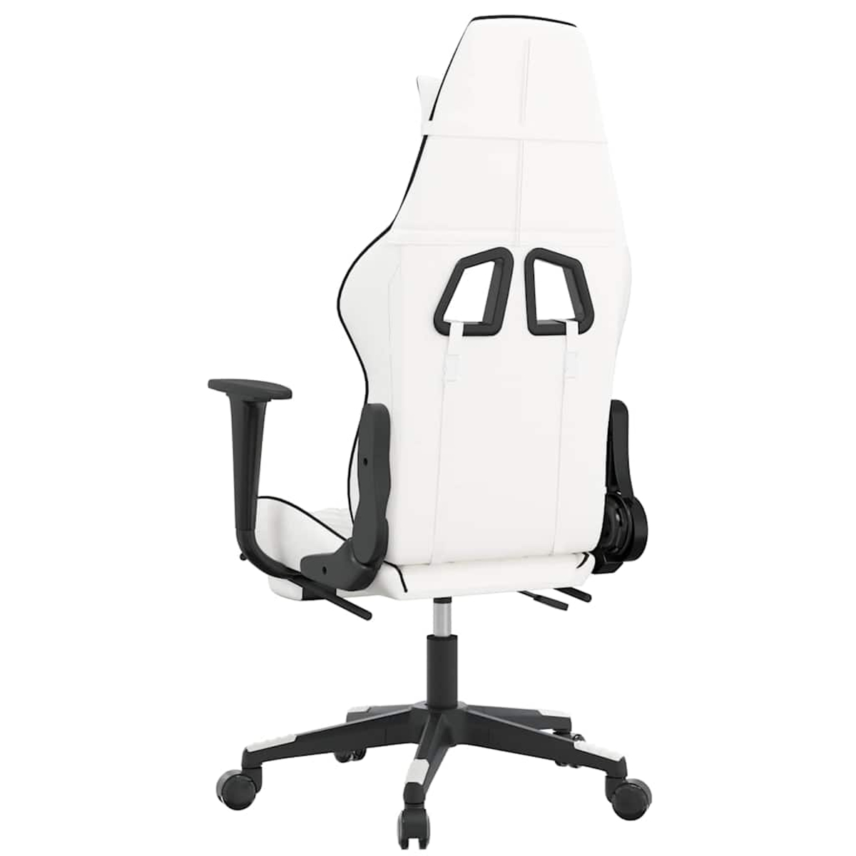 Weier Gaming-Stuhl mit schwarzen Akzenten, von hinten gesehen.