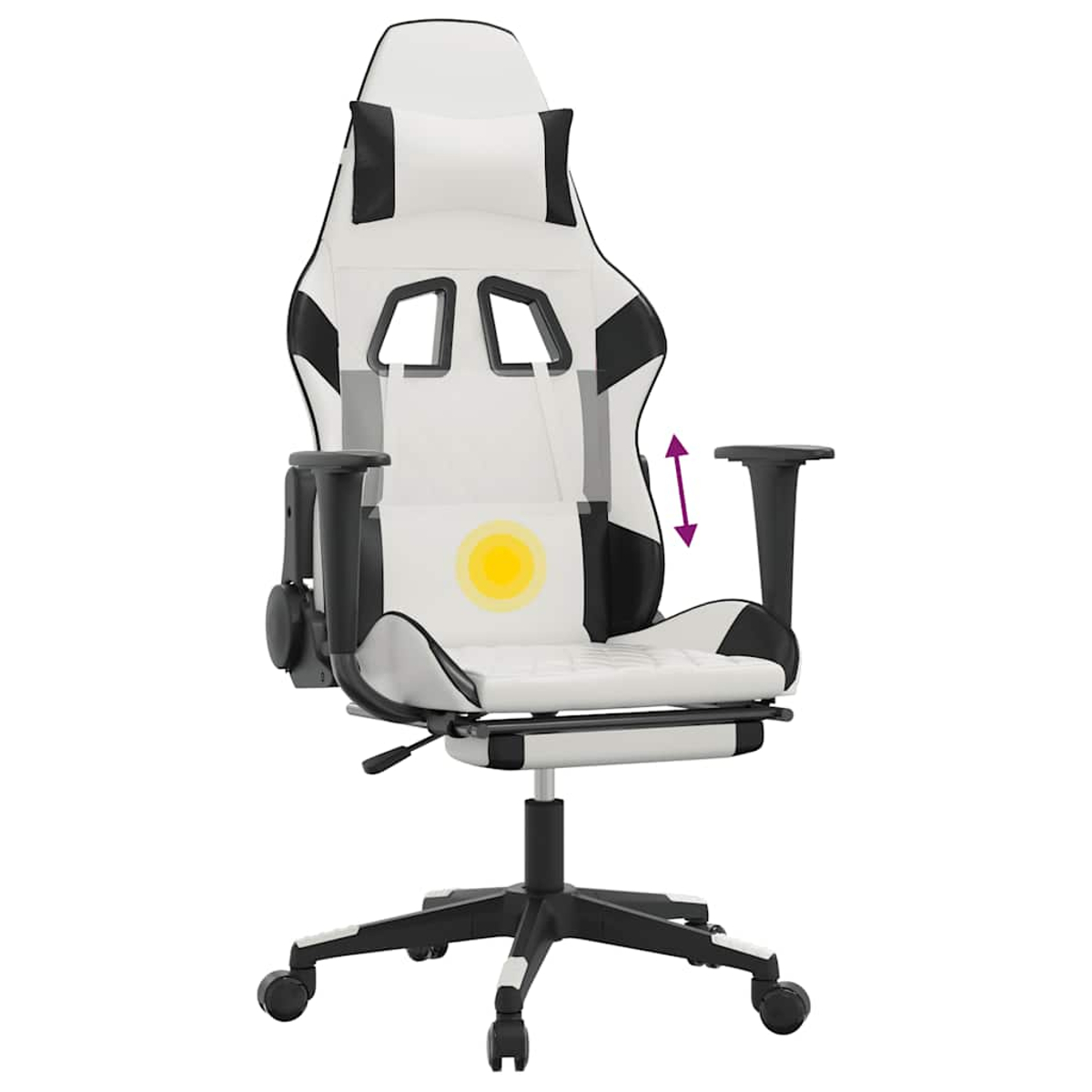 Ein weißer Gaming-Stuhl mit schwarzen Akzenten und einem einstellbaren Fußstütze.