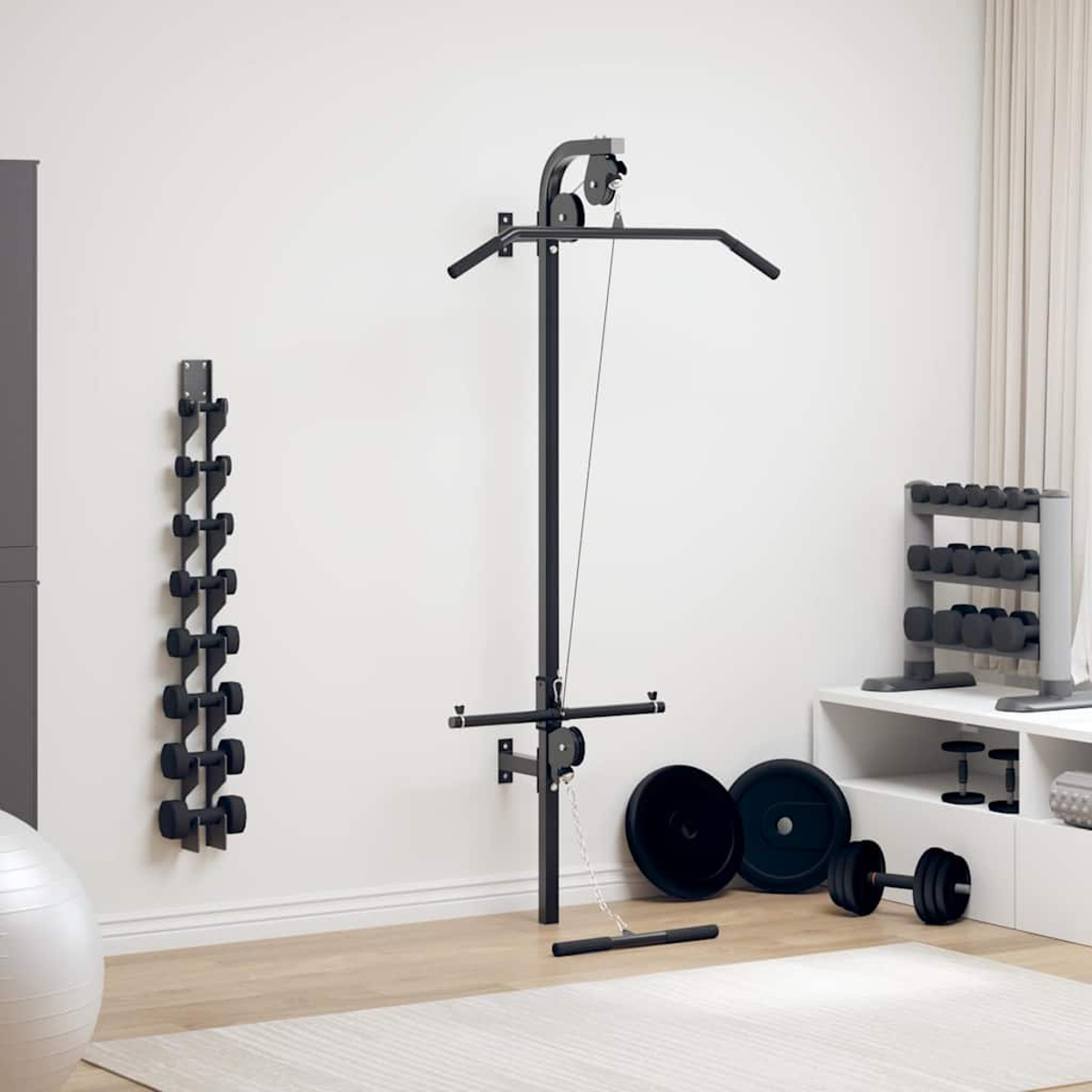 Ein Heimfitnessstudio mit Klimmzugstange, Gewichtscheiben und Hanteln.