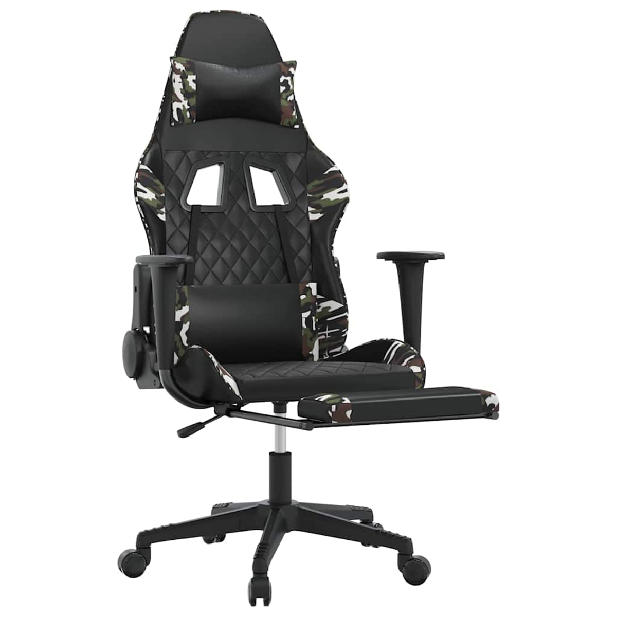 Schwarzer Gaming-Stuhl mit Camouflage-Muster, ausziehbarer Fußstütze und Kopfkissen.