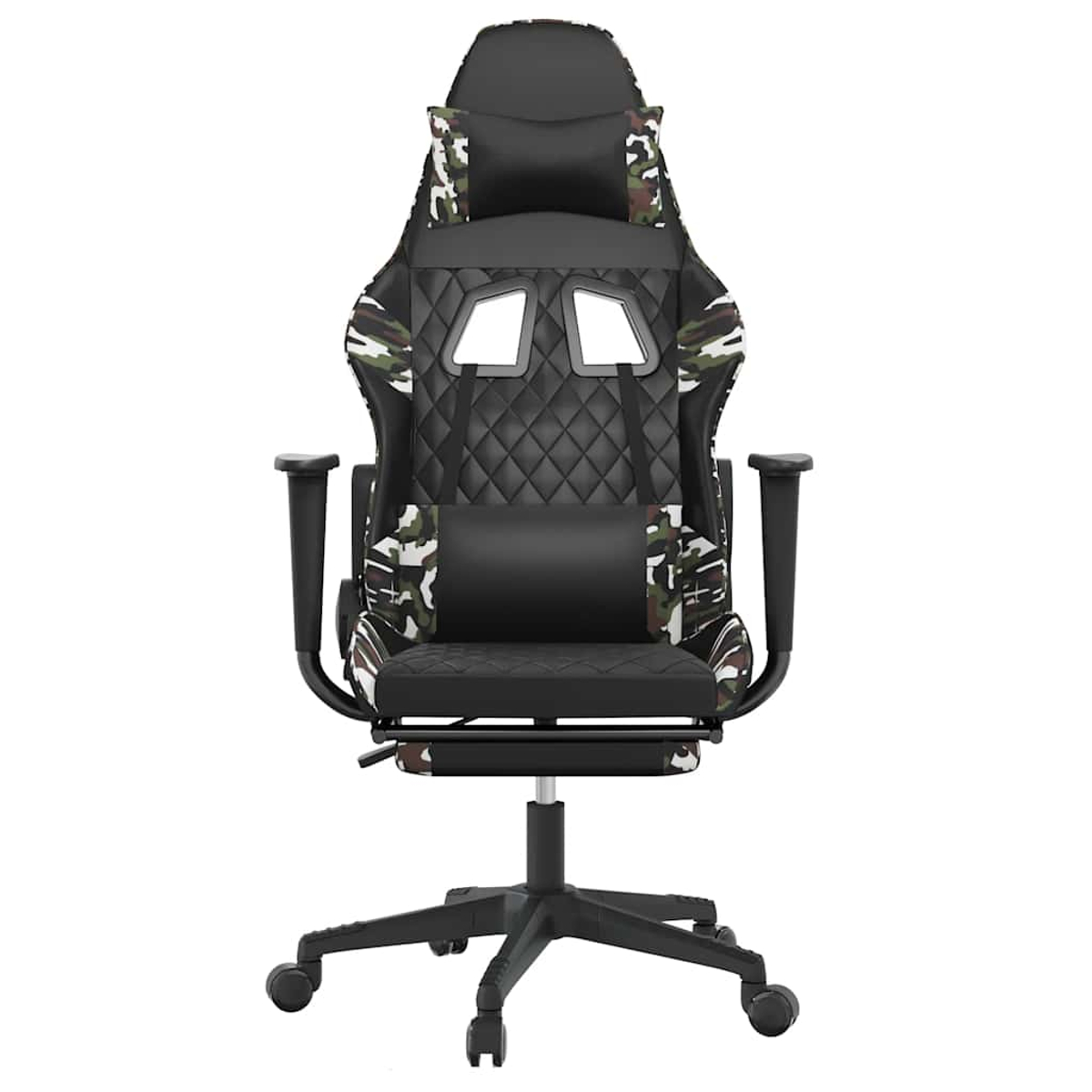 Ein schwarzer Gaming-Stuhl mit Tarnmuster, Kopfstütze und Lendenkissen.