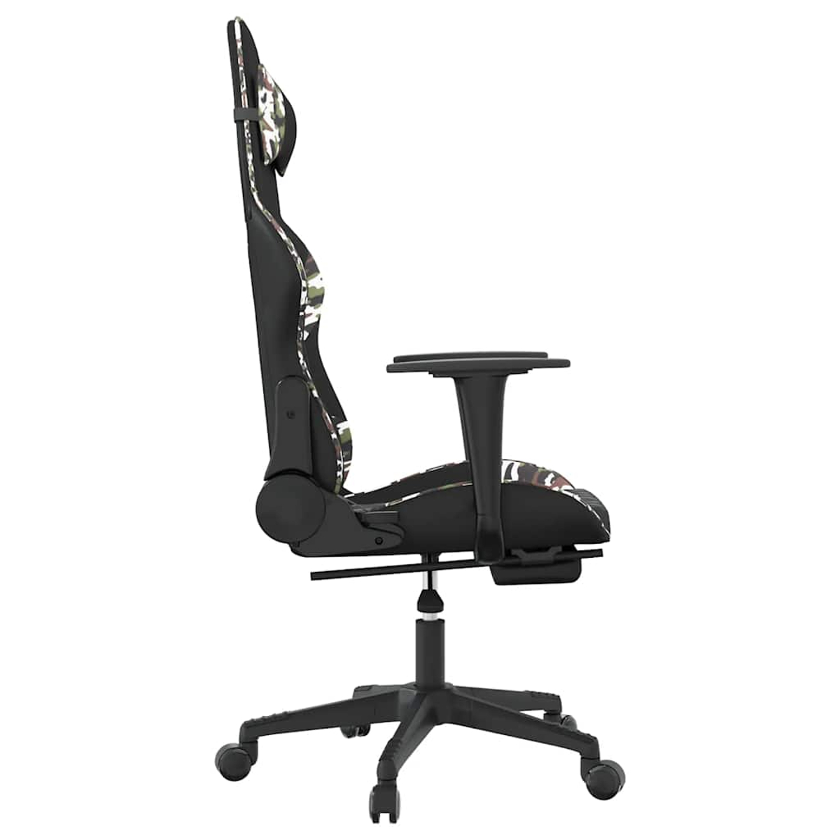Schwarzer Gaming-Stuhl mit Camouflage-Muster, Seitenansicht.