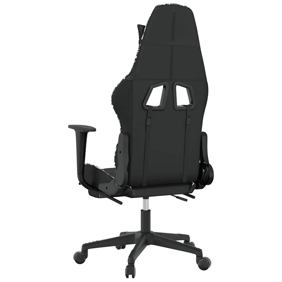 Schwarzer Gaming-Stuhl von hinten, mit verstellbaren Armlehnen und Rädern.