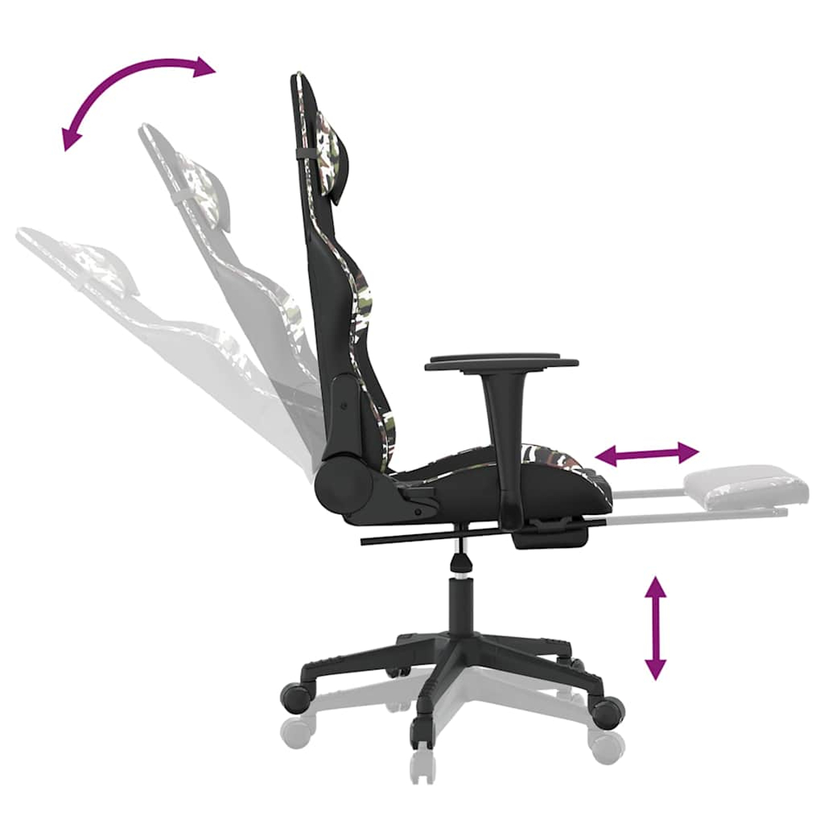 Gamingstuhl mit Camouflage-Muster, verstellbare Rückenlehne und Fußstütze.