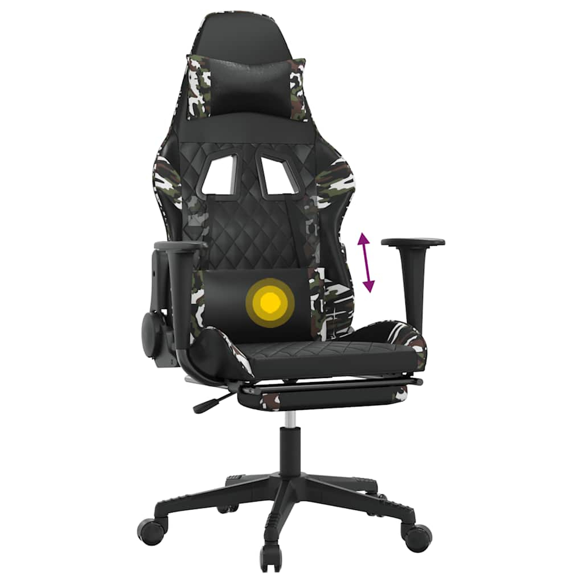 Ein schwarzer Gaming-Stuhl mit Tarnmuster und verstellbarer Rückenlehne.