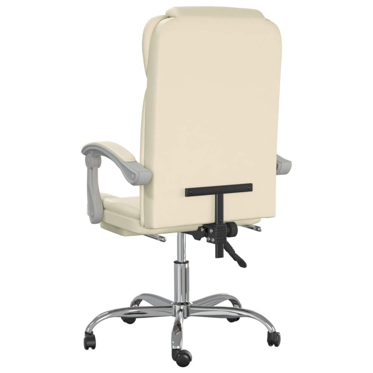 Rückansicht eines cremefarbenen Bürostuhls mit Armlehnen und Metallfuß.