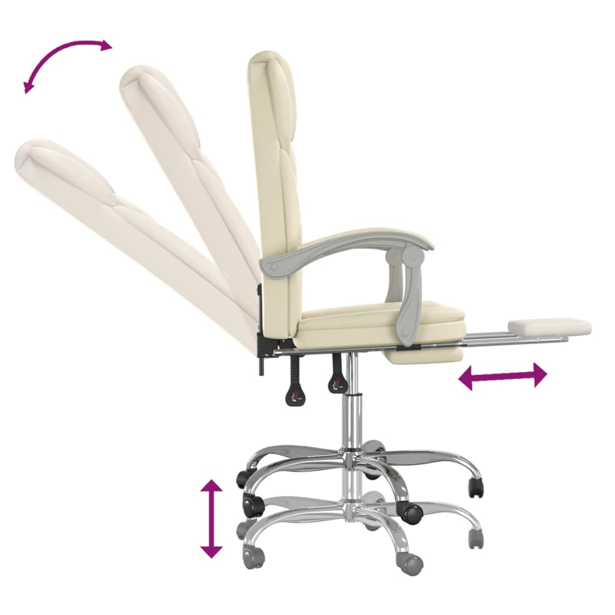 Beige Bürostuhl mit verstellbarer Rückenlehne und ausziehbarer Fußstütze.