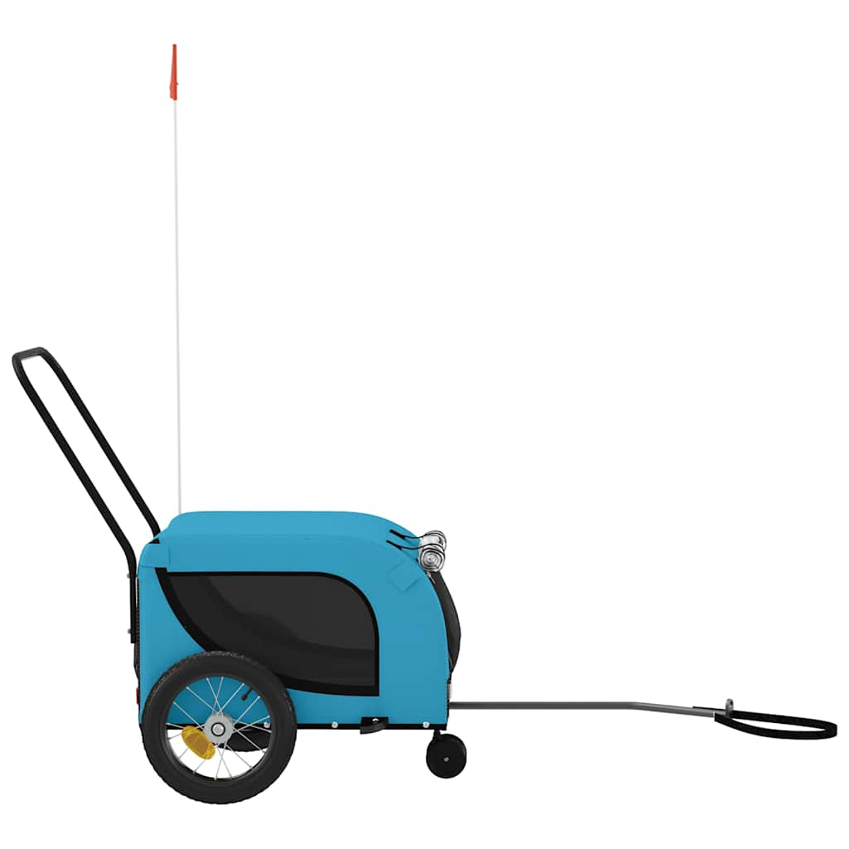 Ein blauer Kinderwagen mit einem Griff, einem Rad und einer Fahne.