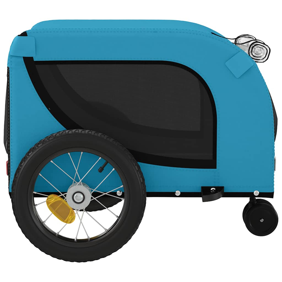 Ein blauer Fahrradanhänger mit schwarzen Fenstern und Rädern, auf weißem Hintergrund.