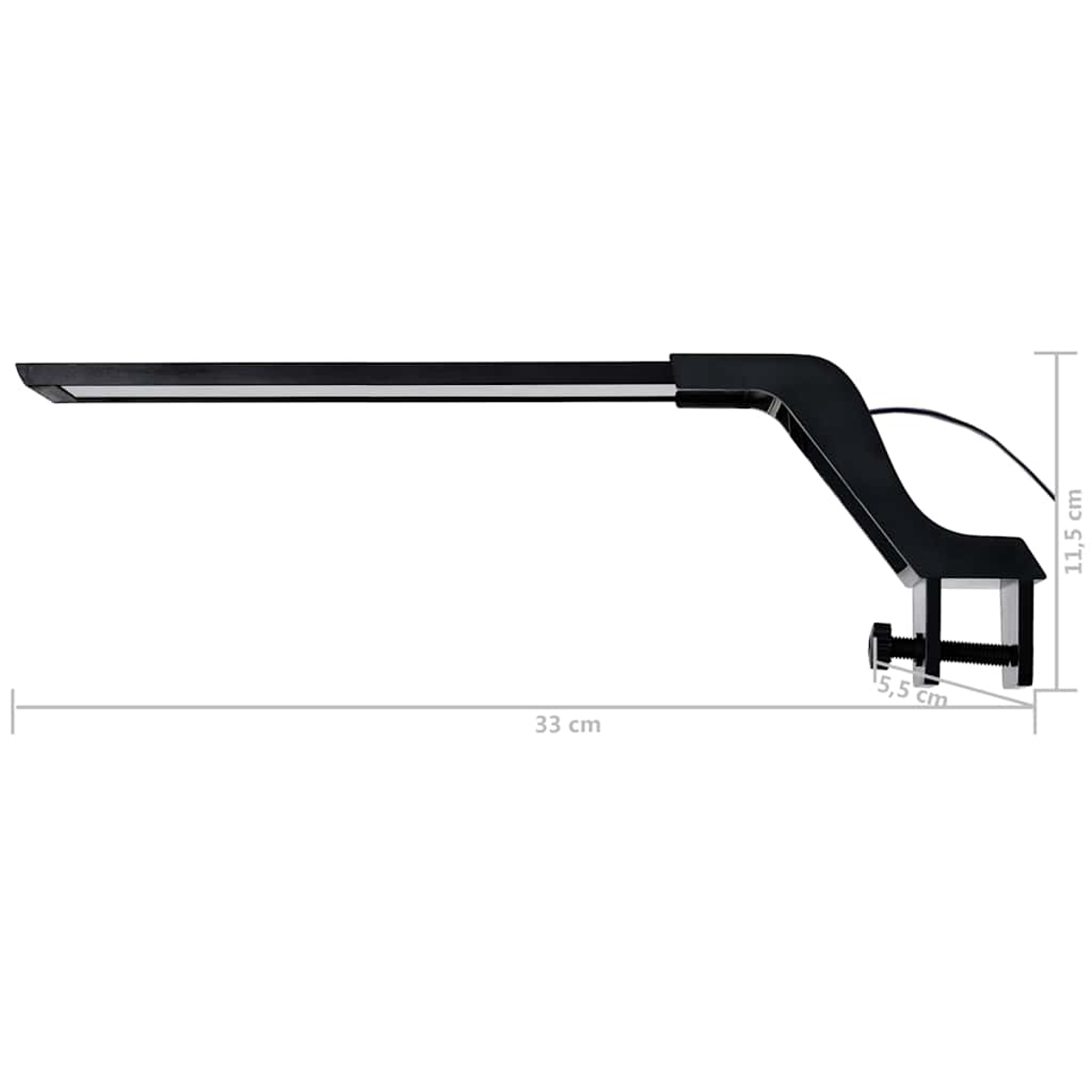 Schwarze Schreibtischlampe mit Klemmfuß, 33 cm lang, 11,5 cm hoch.