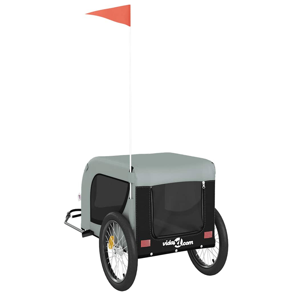 Grauer Fahrradanhänger mit zwei Rädern, schwarzem Stoff und einer orangen Flagge oben.