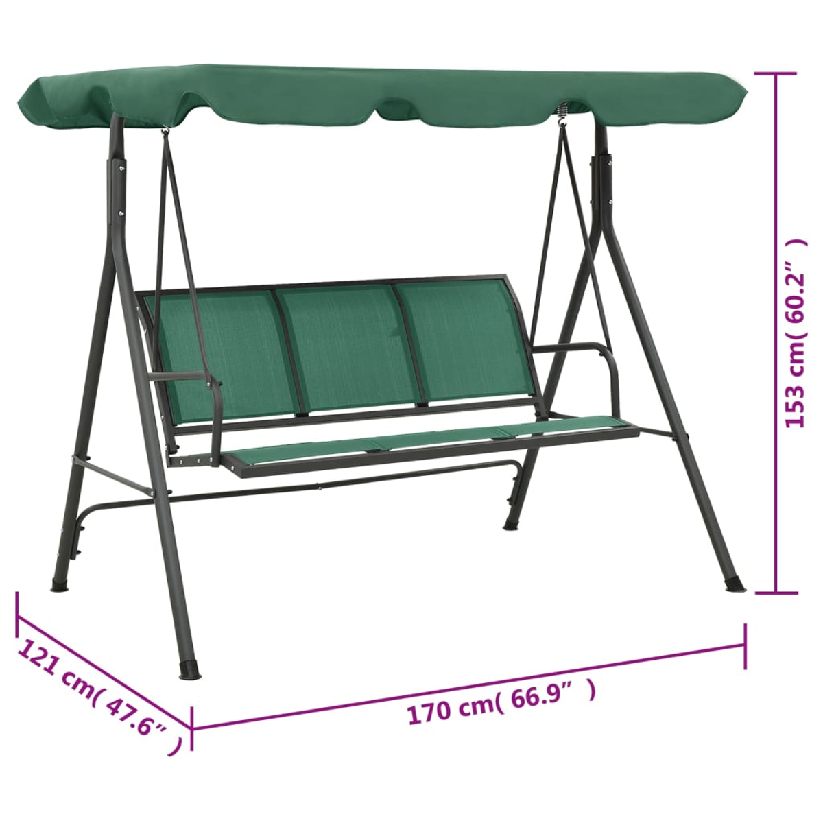 Grüne Schaukelbank mit dunklem Metallgestell und Dach. Maße angegeben.