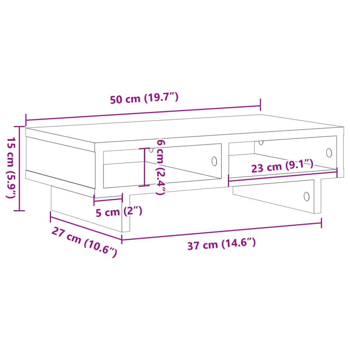 Zeigt die Maße eines weißen Schranks mit zwei Fächern. L 50cm, H 15cm, T 27cm.