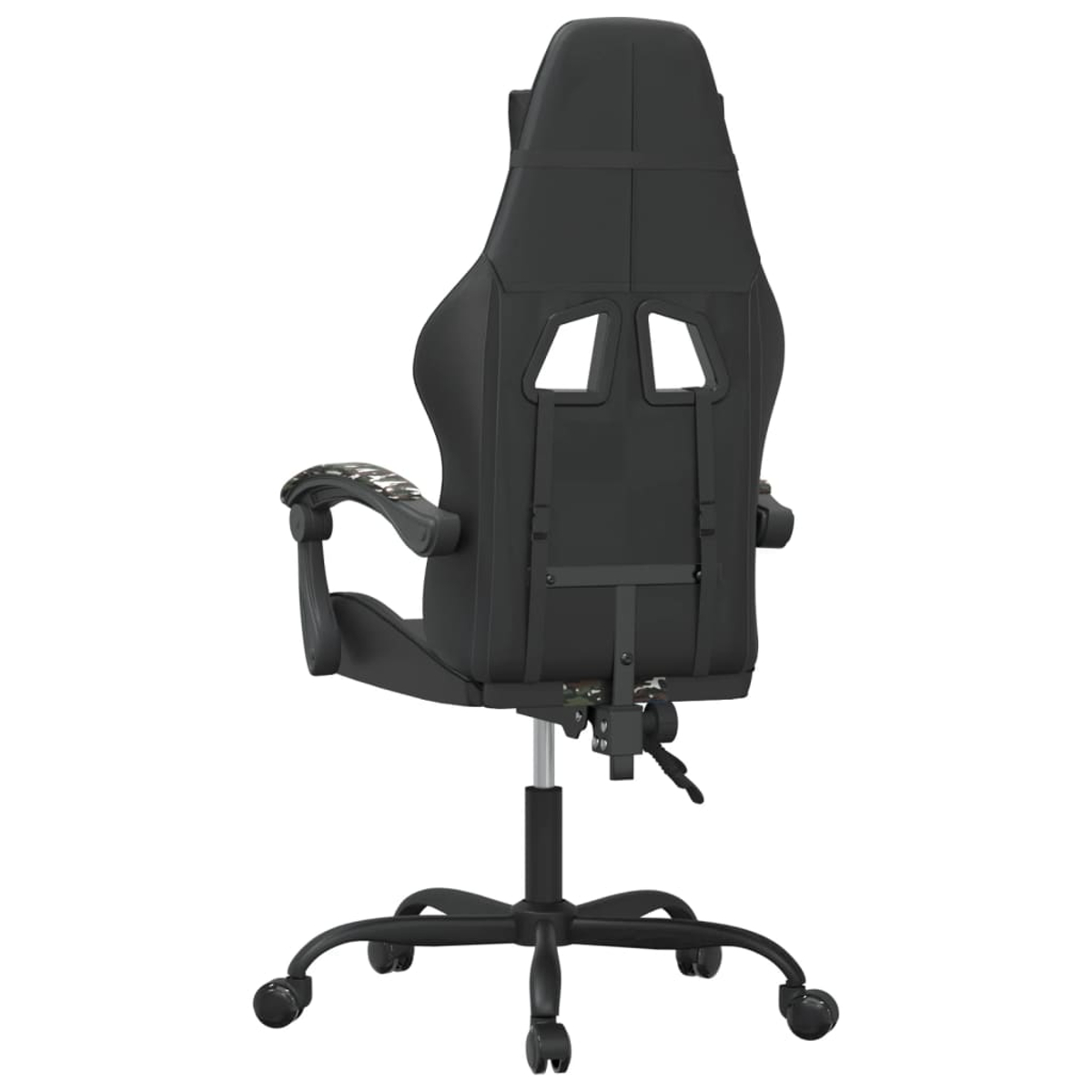 Rückansicht eines schwarzen Gaming-Stuhls mit Armlehnen und Rädern.