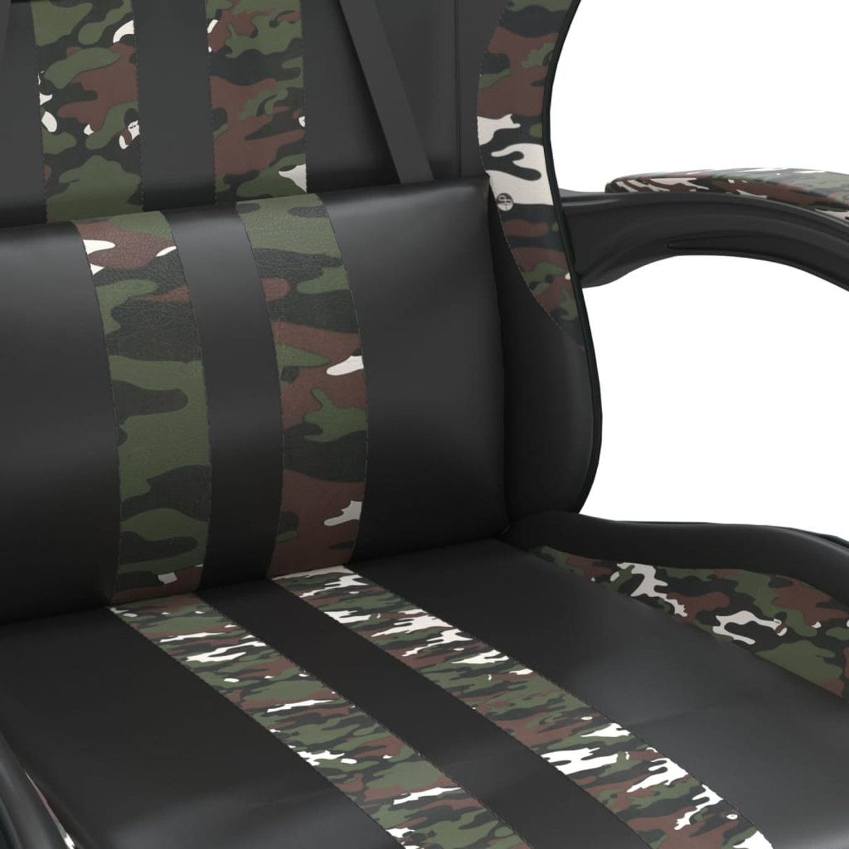 Schwarzer Stuhl mit Camouflage-Musterstreifen an Sitz, Rücken und Armlehnen.