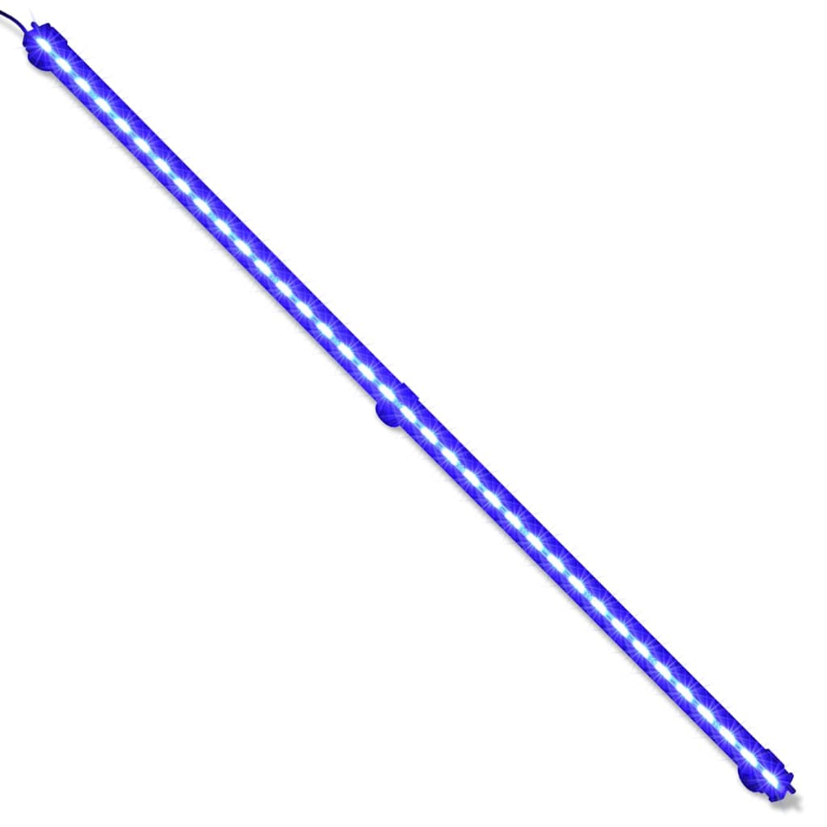 Ein langer, schmaler blauer LED-Streifen mit Lichtern auf weißem Hintergrund.