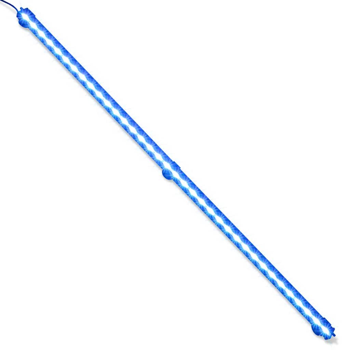 Eine lange, schmale blaue LED-Leiste, die diagonal über einen weißen Hintergrund verläuft.