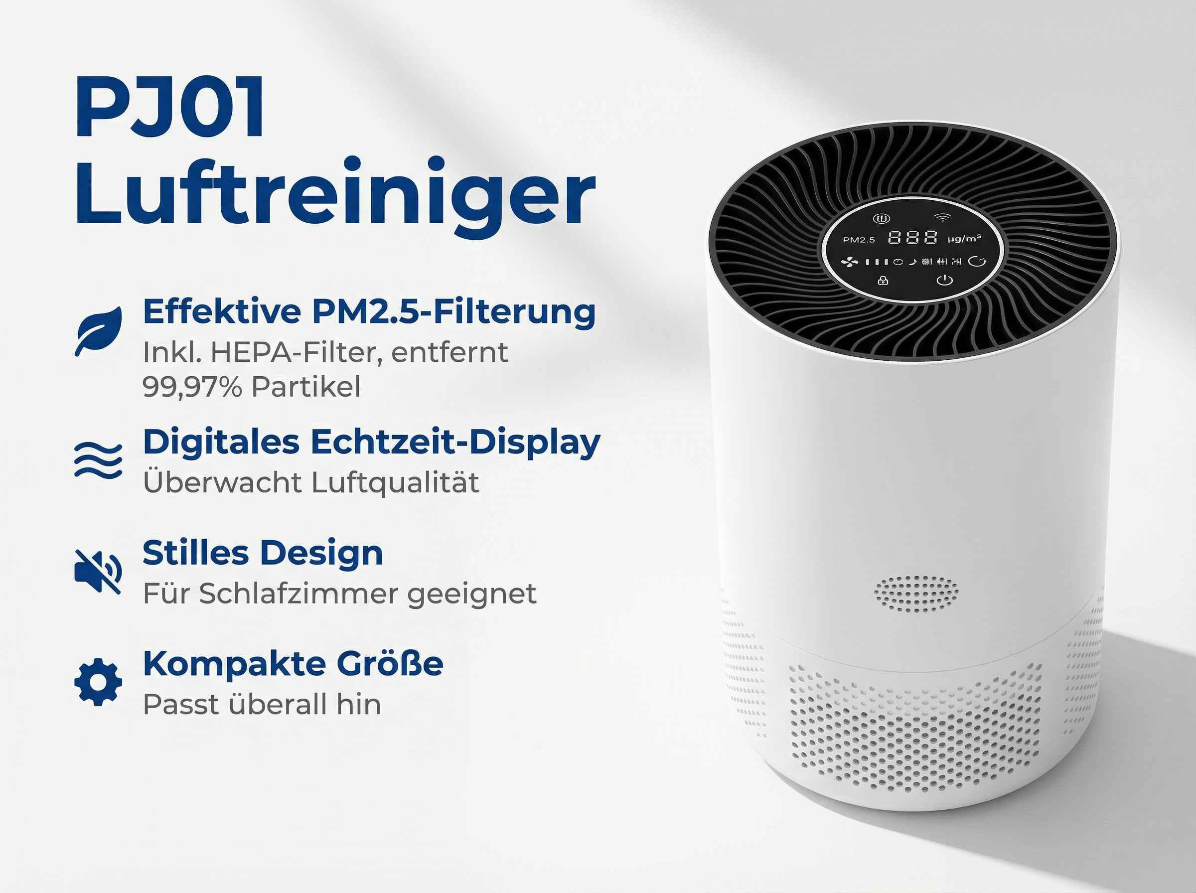 Ein weißer Luftreiniger mit digitalem Display und Textinformationen.