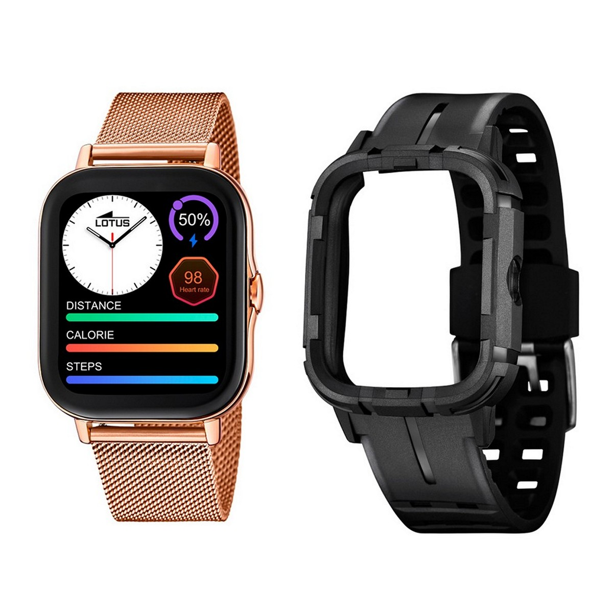 Eine Roségold-Smartwatch mit Mesh-Armband und ein schwarzer Uhrenschutz.