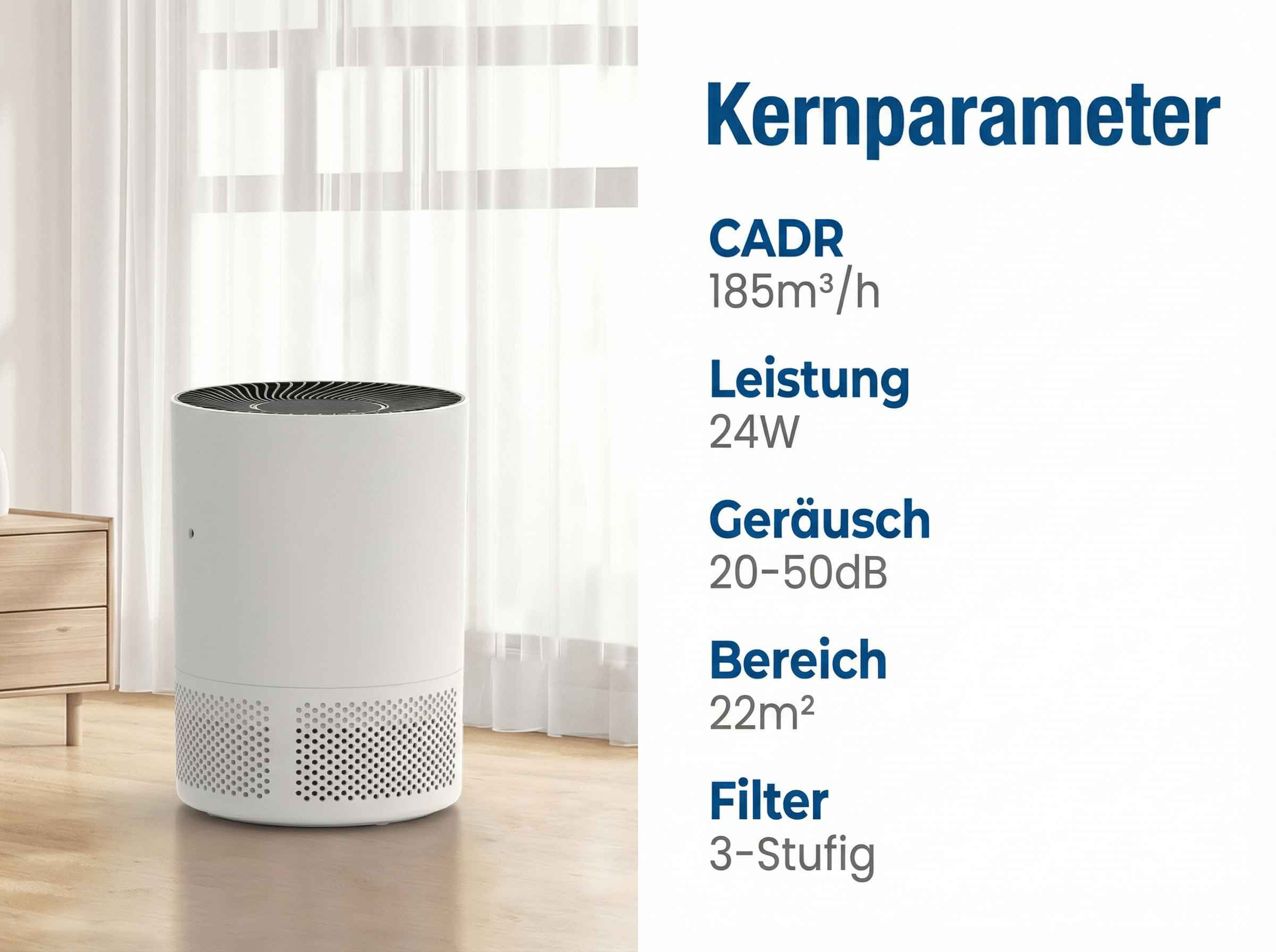 Weißer Luftreiniger mit technischen Daten: CADR 185m³/h, Leistung 24W, Geräusch 20-50dB, Bereich 22m², 3-stufiger Filter.