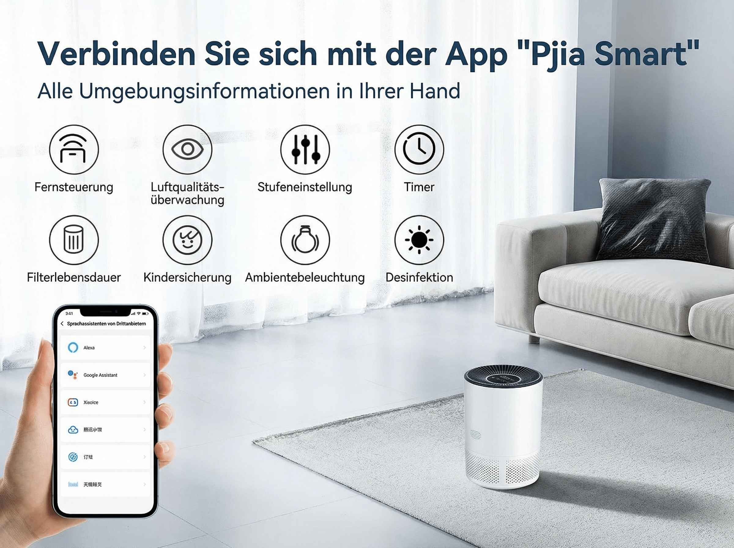 Luftreiniger mit App-Funktionen auf einem Handy, daneben ein Sofa.
