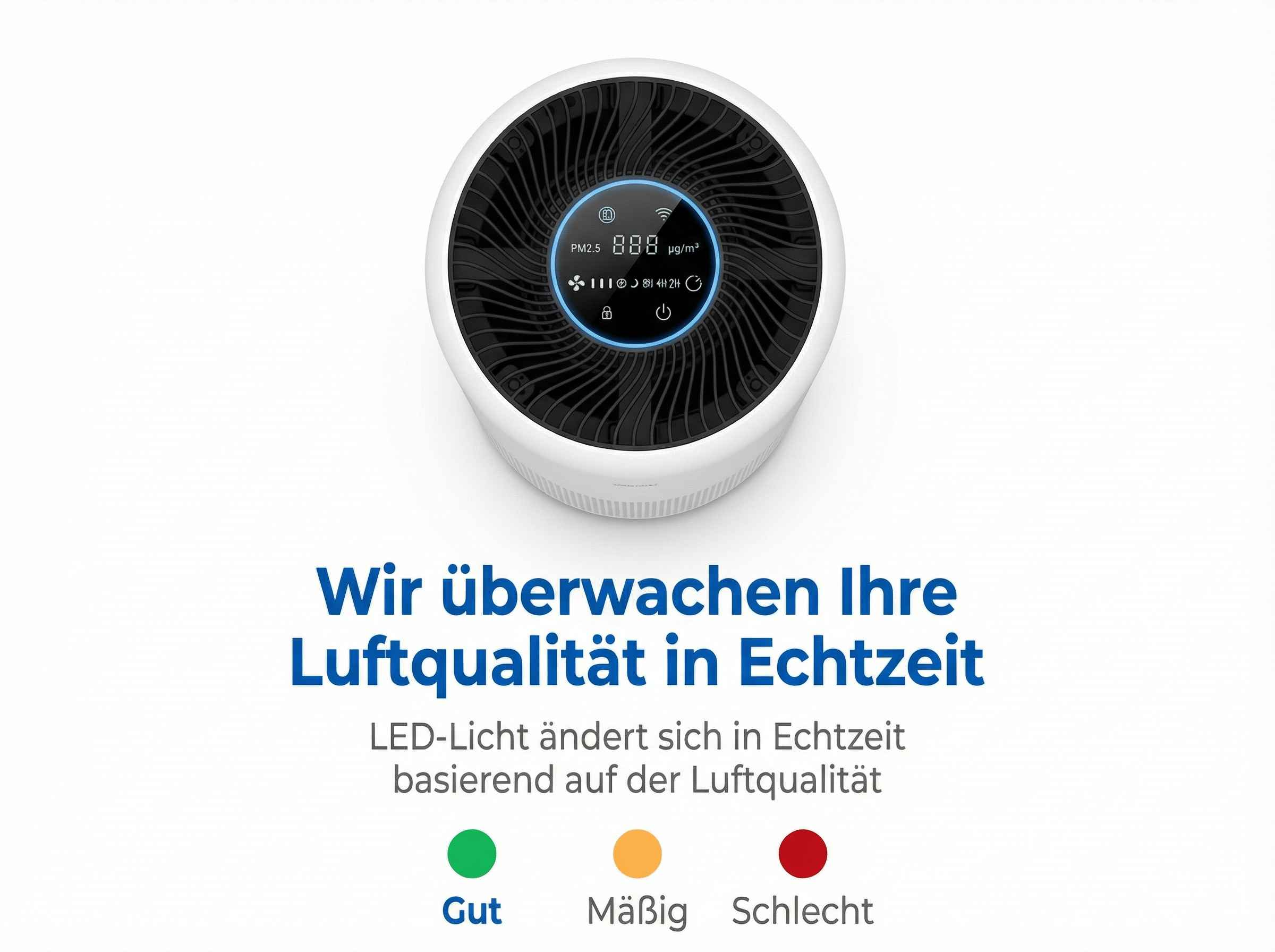 Ein weißer Luftreiniger mit digitaler Anzeige und drei farbigen Punkten.
