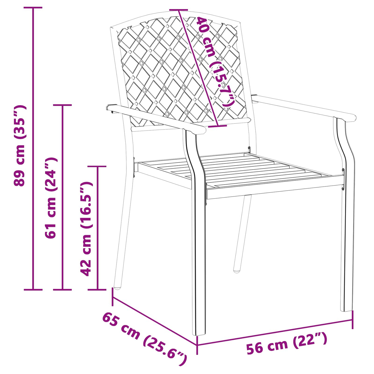Dibujo de una silla con dimensiones: Alto 89 cm, alto asiento 61 cm, alto reposabrazos 42 cm, ancho 56 cm, fondo 65 cm.