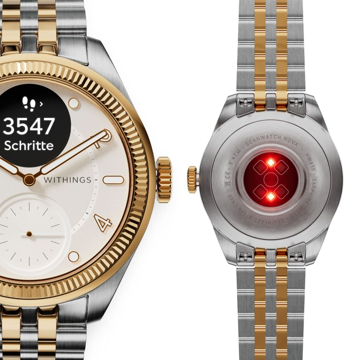 Srebrny i złoty smartwatch z cyfrowym wyświetlaczem i czujnikiem tętna.