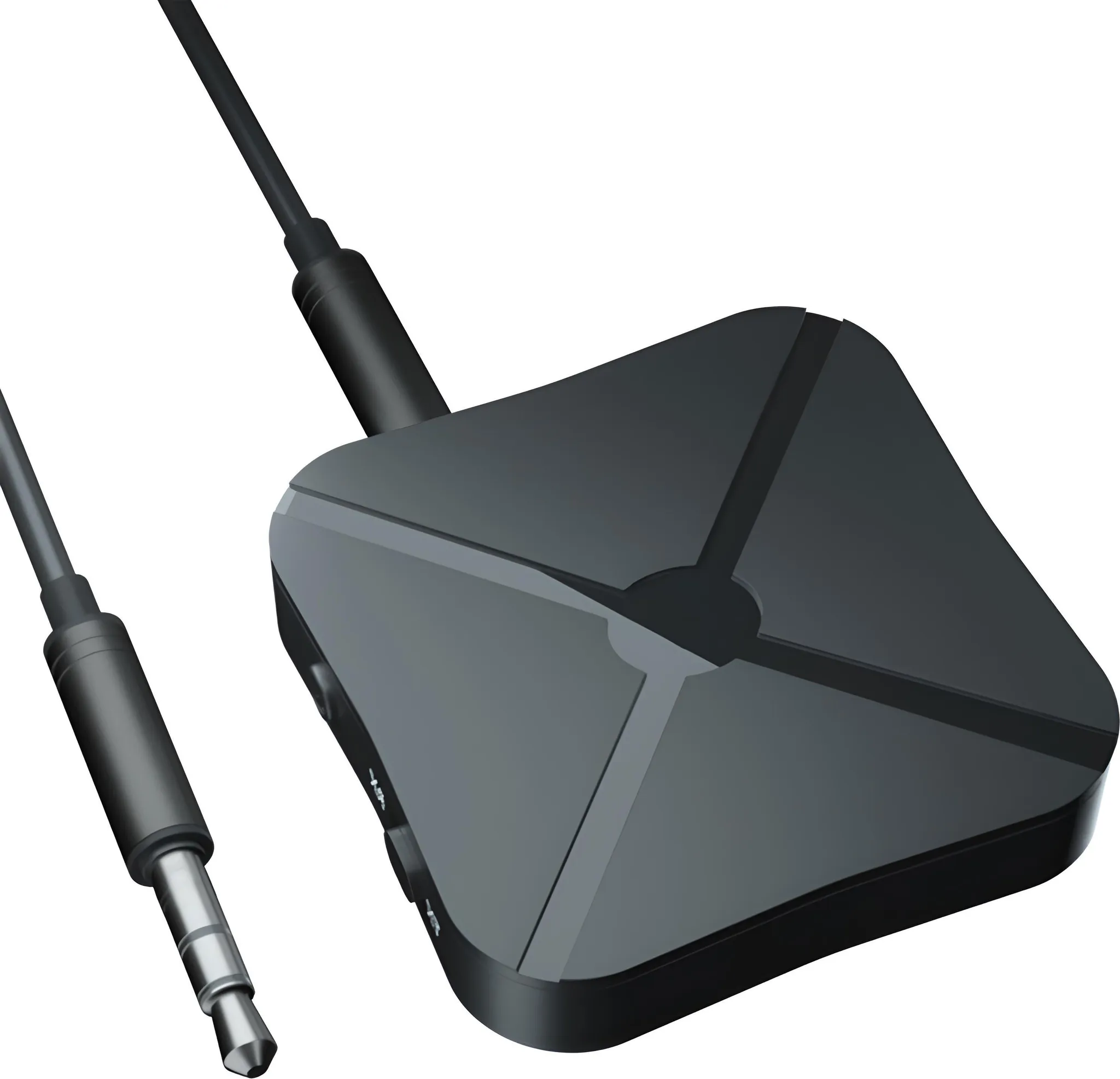 Ein schwarzer Audioempfänger mit Kabel und 3,5-mm-Stecker.