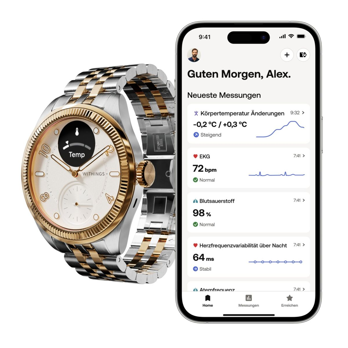 Zegarek typu smartwatch ze stali nierdzewnej i złota obok smartfona wyświetlającego dane zdrowotne.