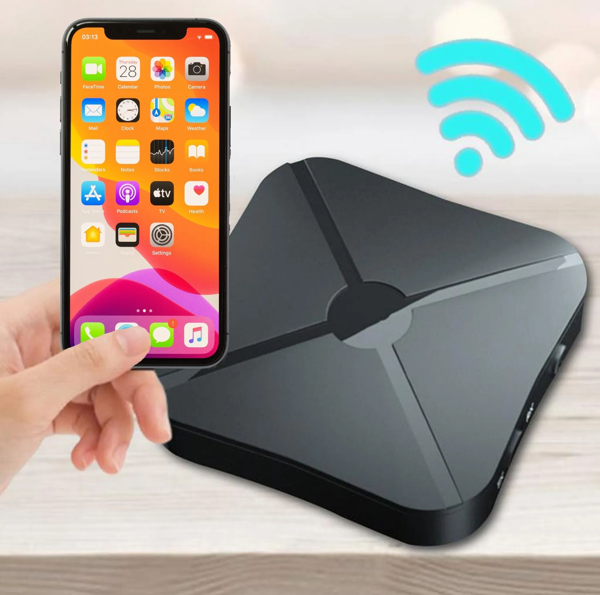 Ein iPhone zeigt seine Apps an, daneben ein schwarzes Gerät und ein WLAN-Symbol.