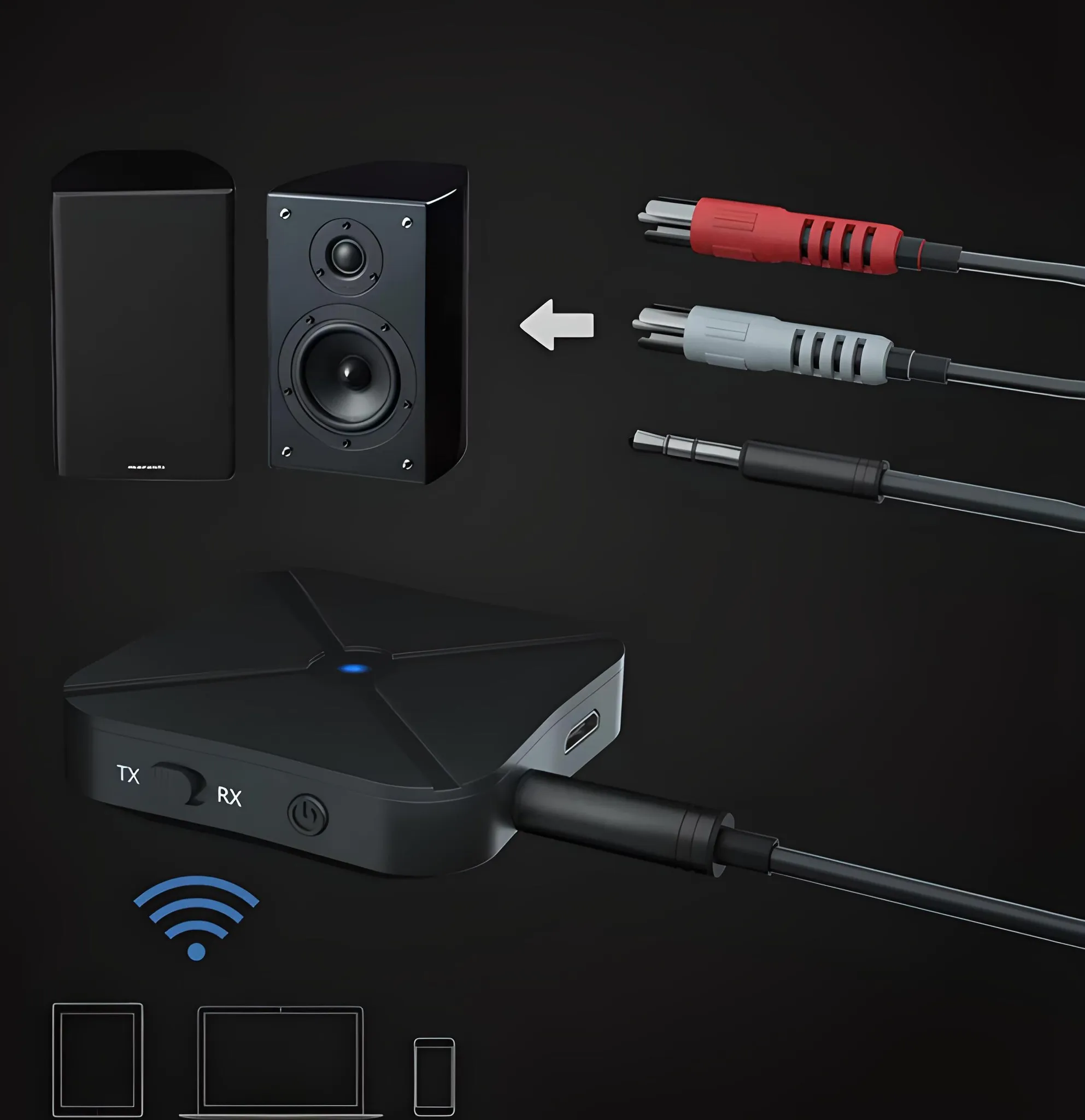 Schwarzer Bluetooth-Sender/Empfänger neben Lautsprechern und Kabeln.