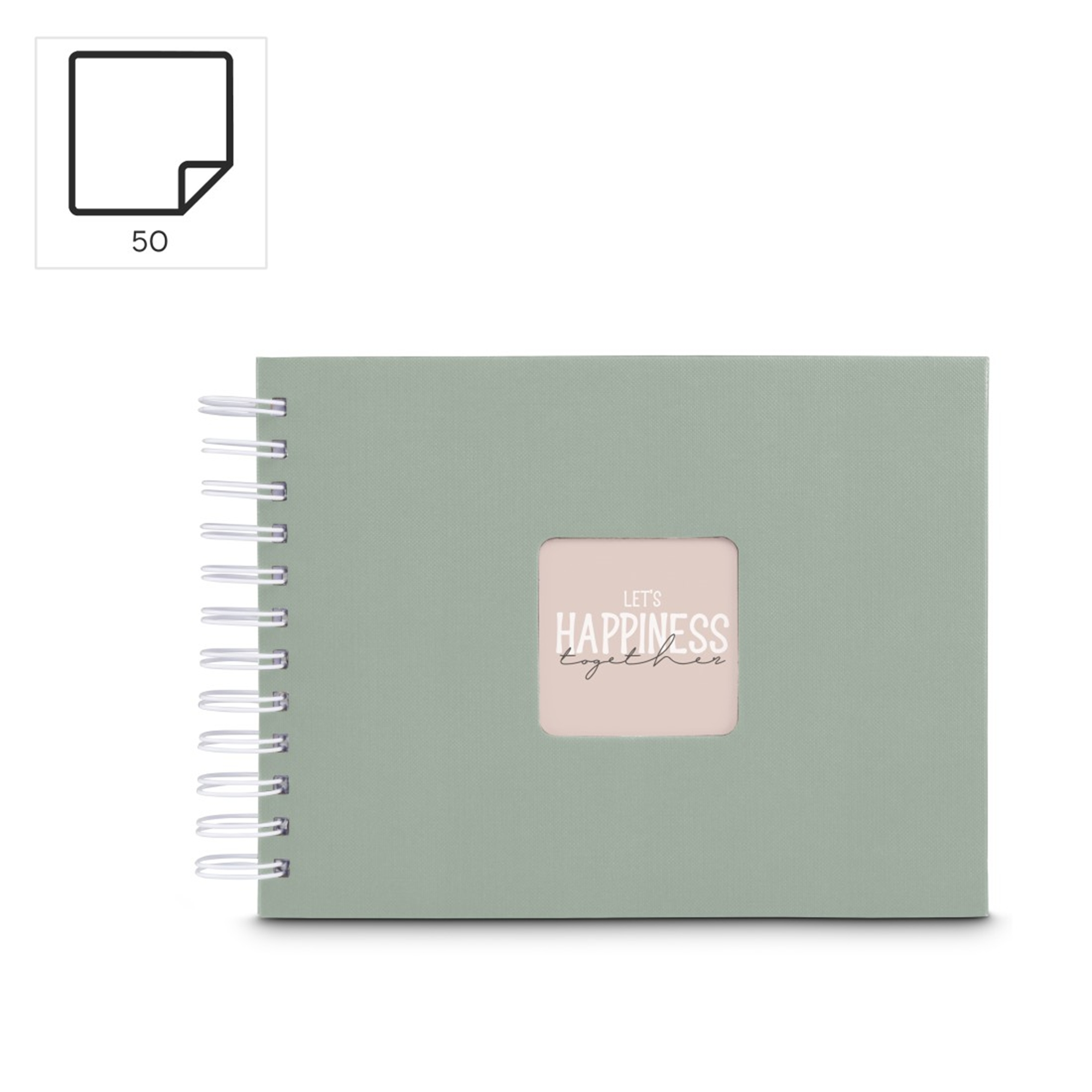 Zielony notatnik ze srebrną spiralą i okienkiem na zdjęcie na okładce.