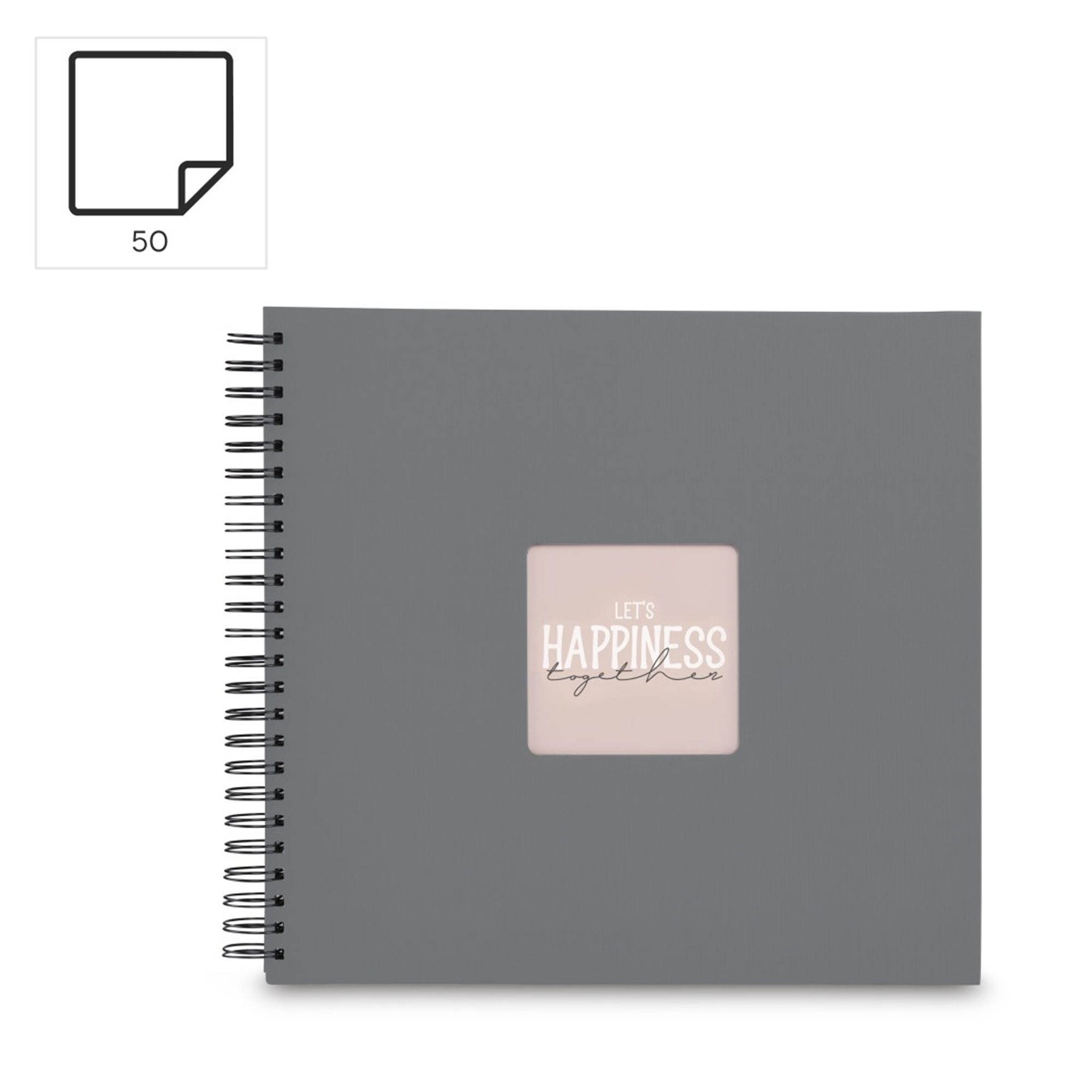 Szary notes spiralny z napisem 'Let's Happiness Together'.