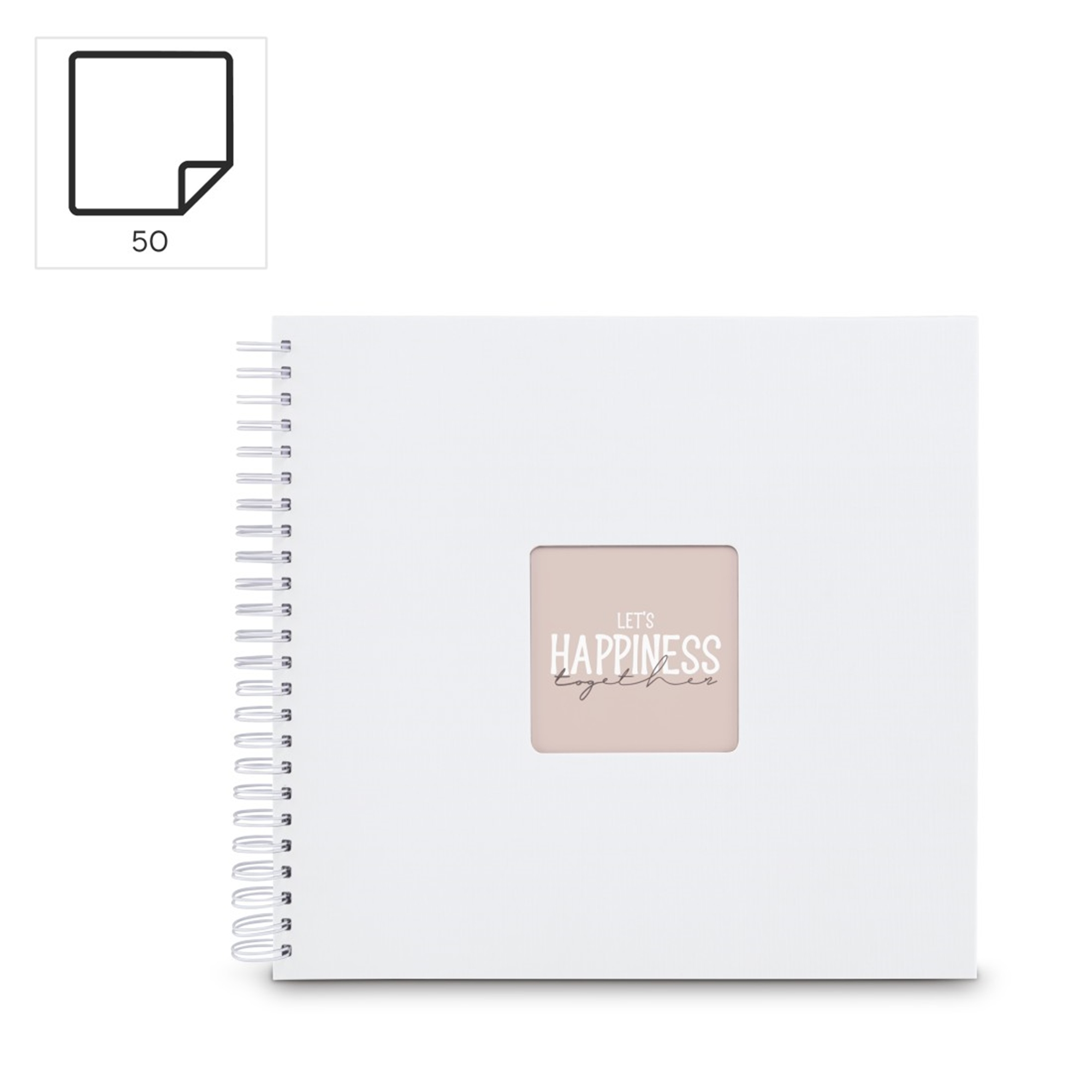 Biały notes bindowany spiralą z napisem "Let's Happiness Together" na okładce.