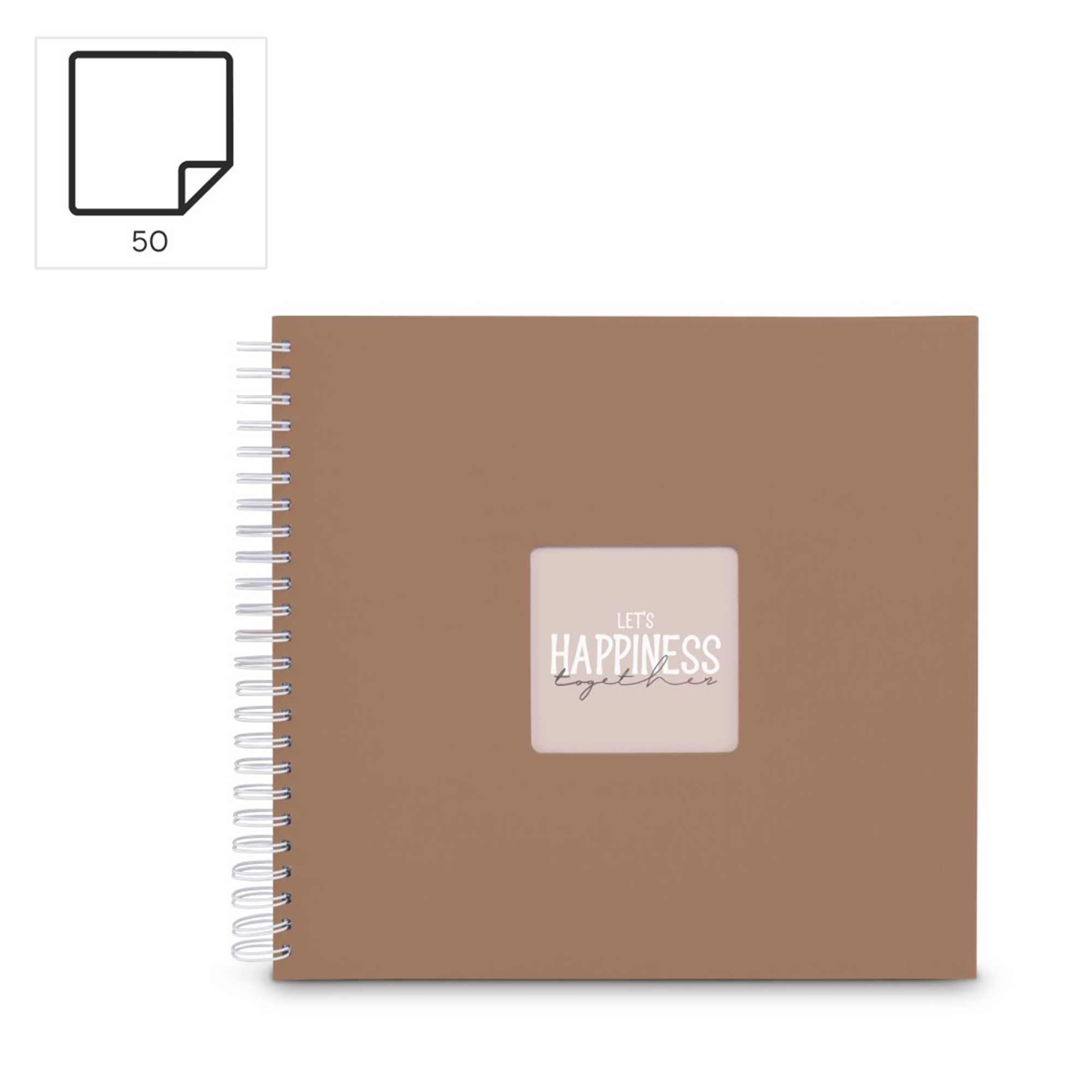 Brązowy notatnik b spiralą z napisem "LET'S HAPPINESS together".
