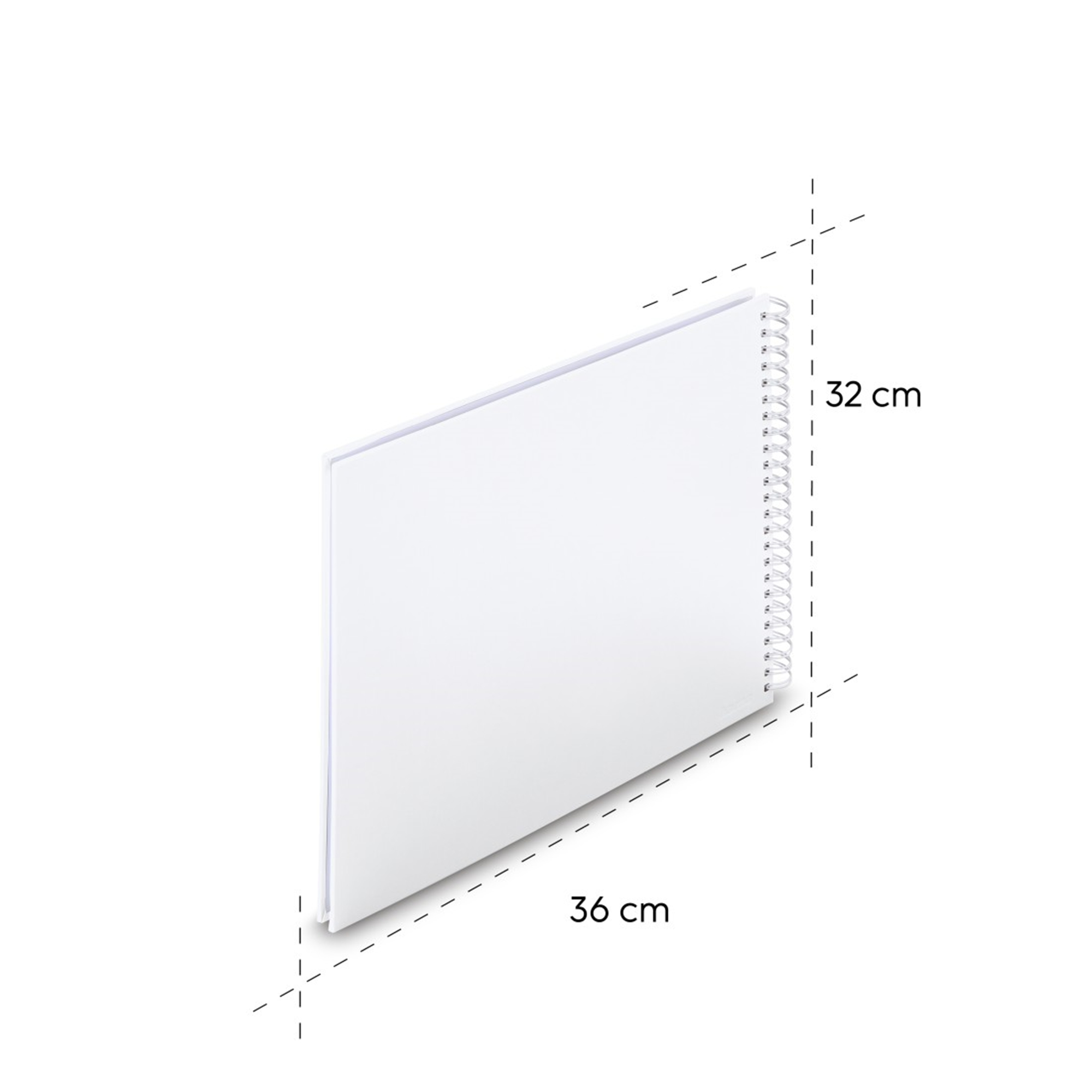 Biały notatnik spiralny, szeroki na 36 cm i wysoki na 32 cm.