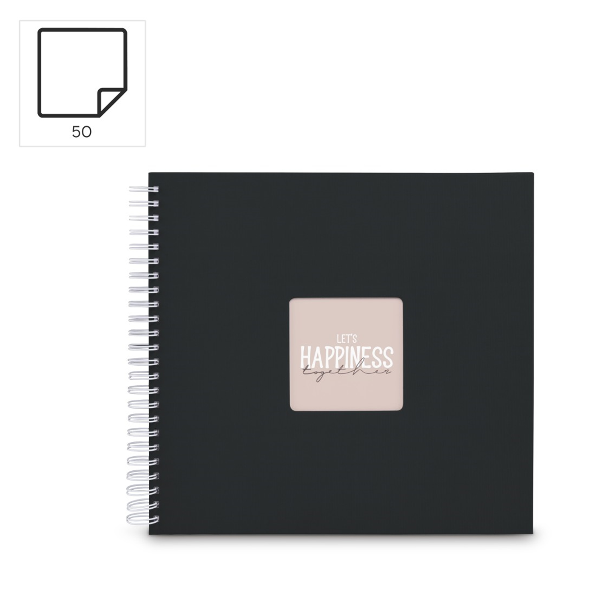 Czarny notatnik bindowany spiralnie z różową wstawką z napisem „Let's Happiness Together”.