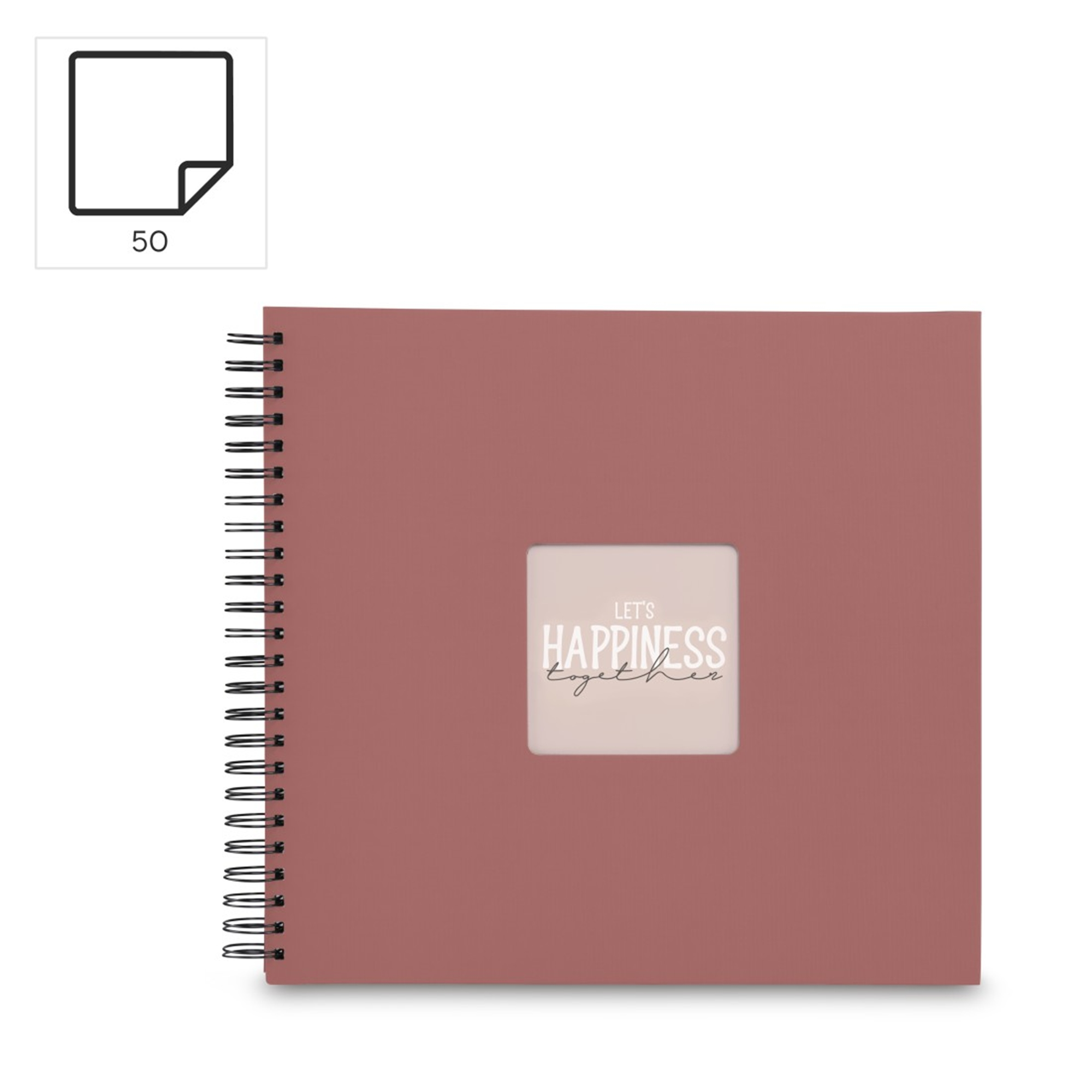 Różowy album bindowany spiralnie z oknem tekstowym. Ikona arkusza pokazuje 50.
