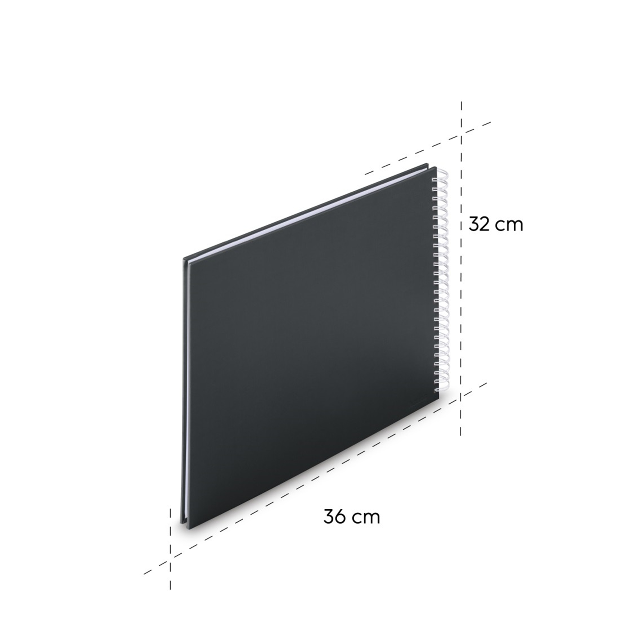 Czarna książka na spirali, wysoka na 32 cm i szeroka na 36 cm.