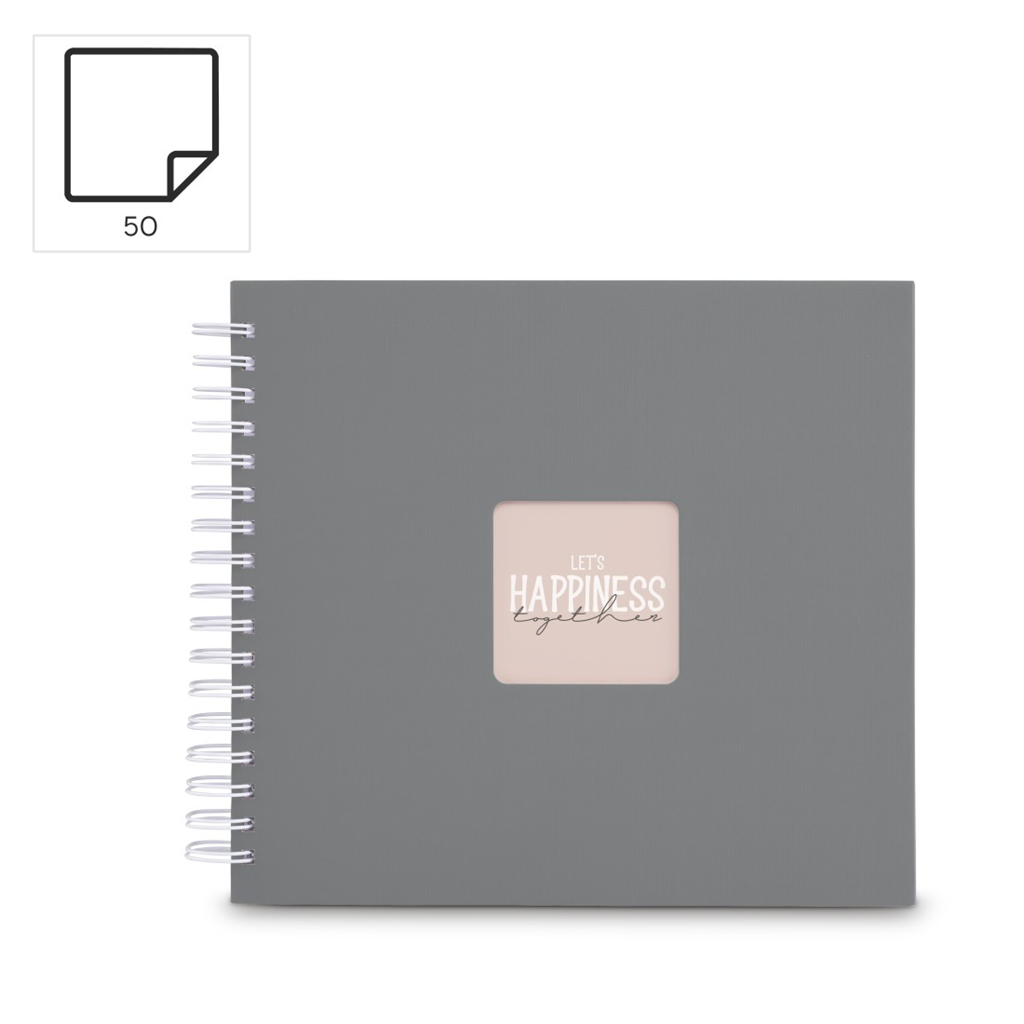 Szary notes spiralny z napisem „Let's Happiness Together”.