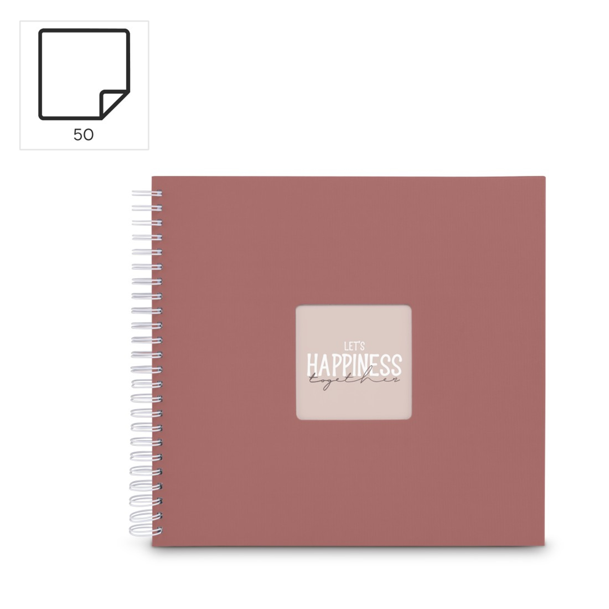 Różowy notatnik z wiązaniem spiralnym i napisem „Let's Happiness Together”.