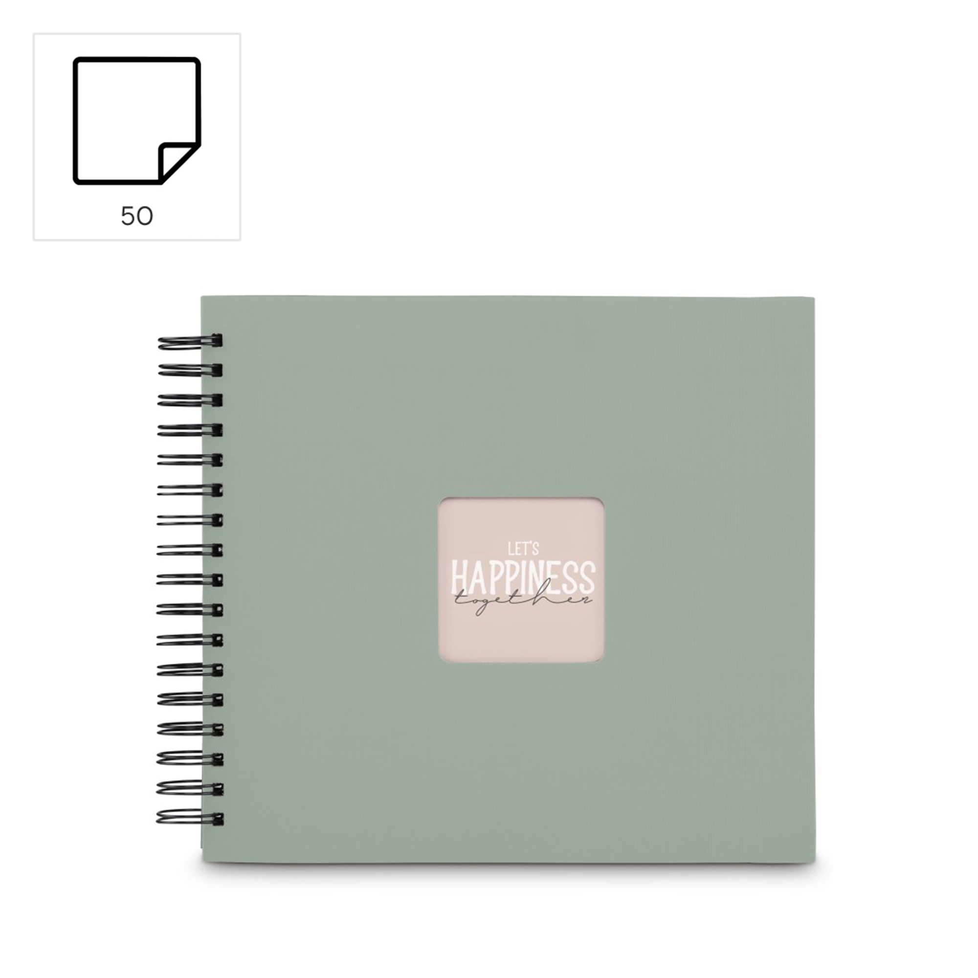 Zielony notatnik b spiralny z napisem 'Let's Happiness Together'.