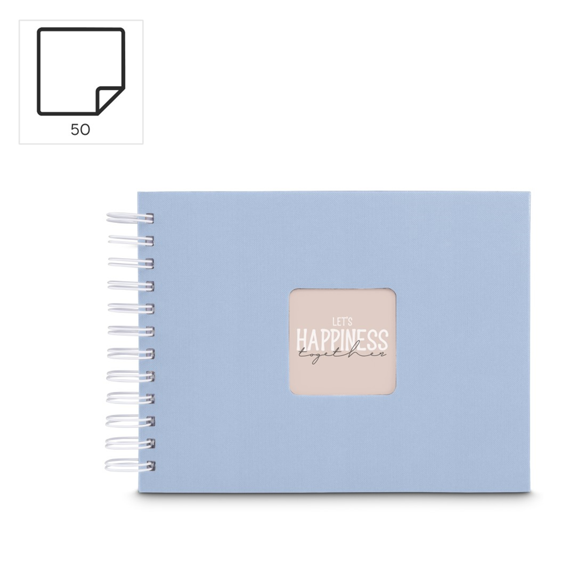 Jasnoniebieski notatnik b spiralnej z okienkiem z przodu. Zawiera 50 kartek.