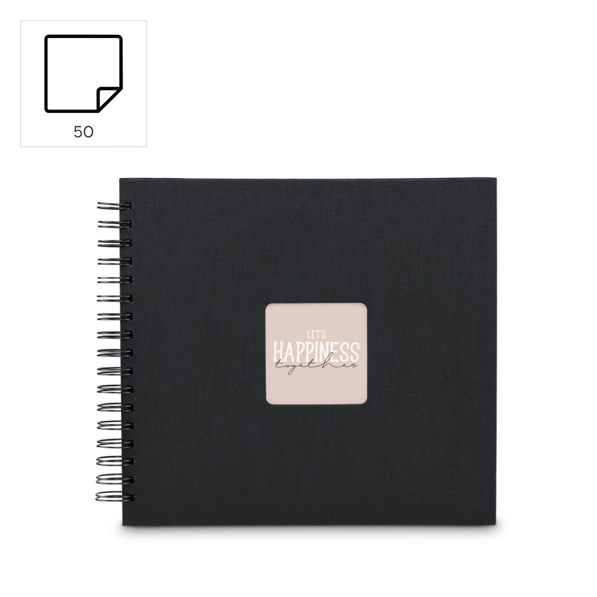 Czarny notes spiralny z napisem 'Let's Happiness Together'.