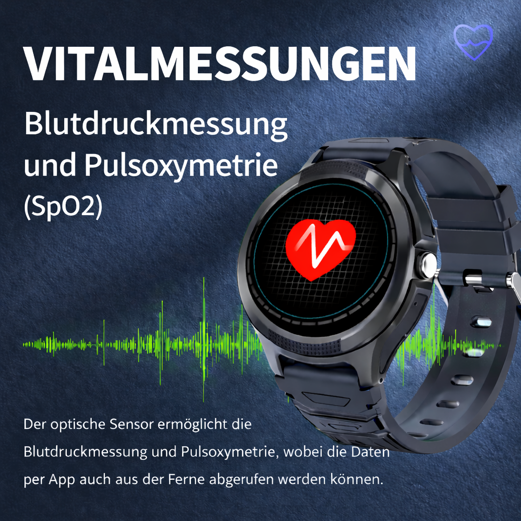 Smartwatch zeigt Vitalwerte, Blutdruck, Puls und SpO2 an, mit EKG-Grafik.