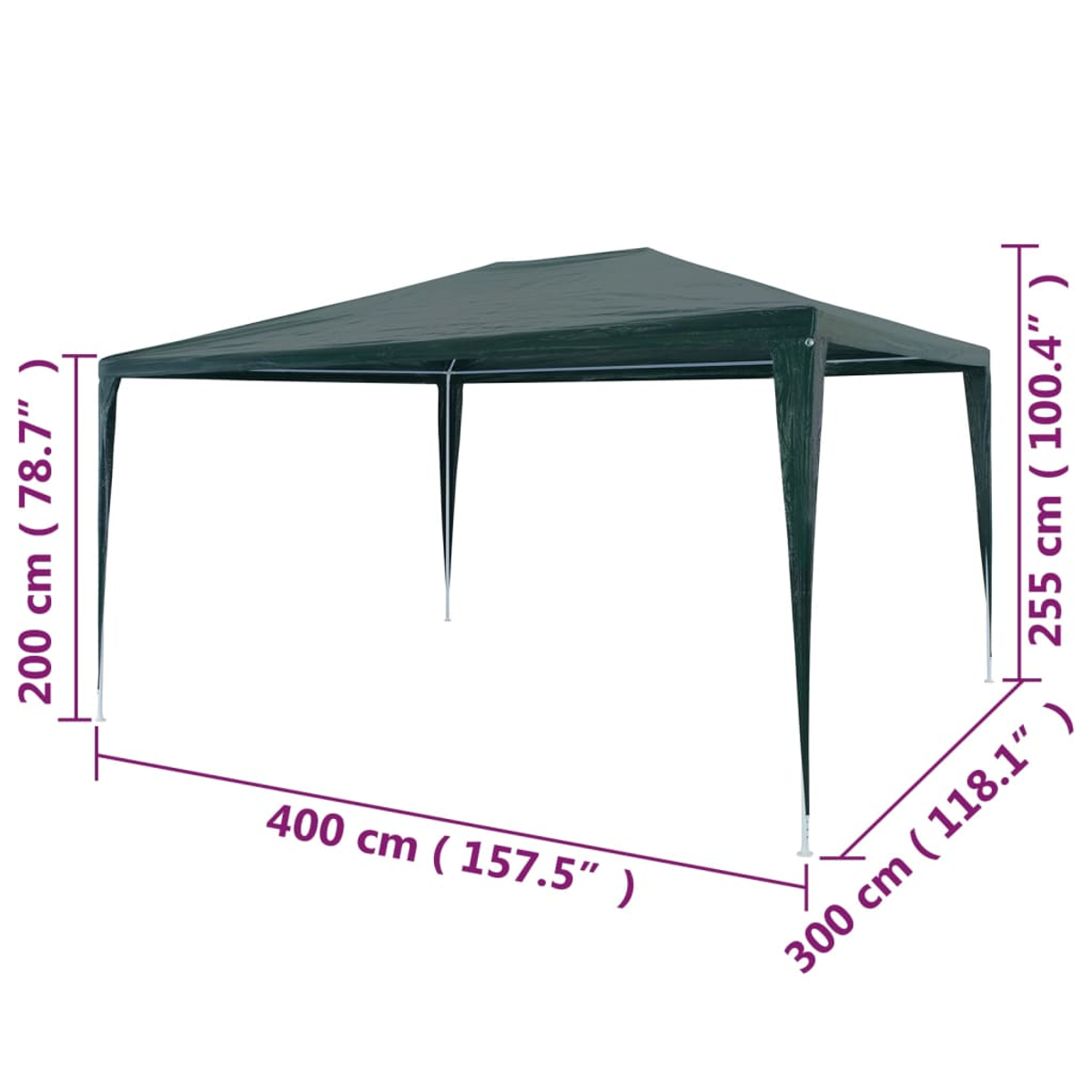 Dunkelgrünes Pavillon mit Maßen 400x300x255 cm auf weißem Hintergrund.