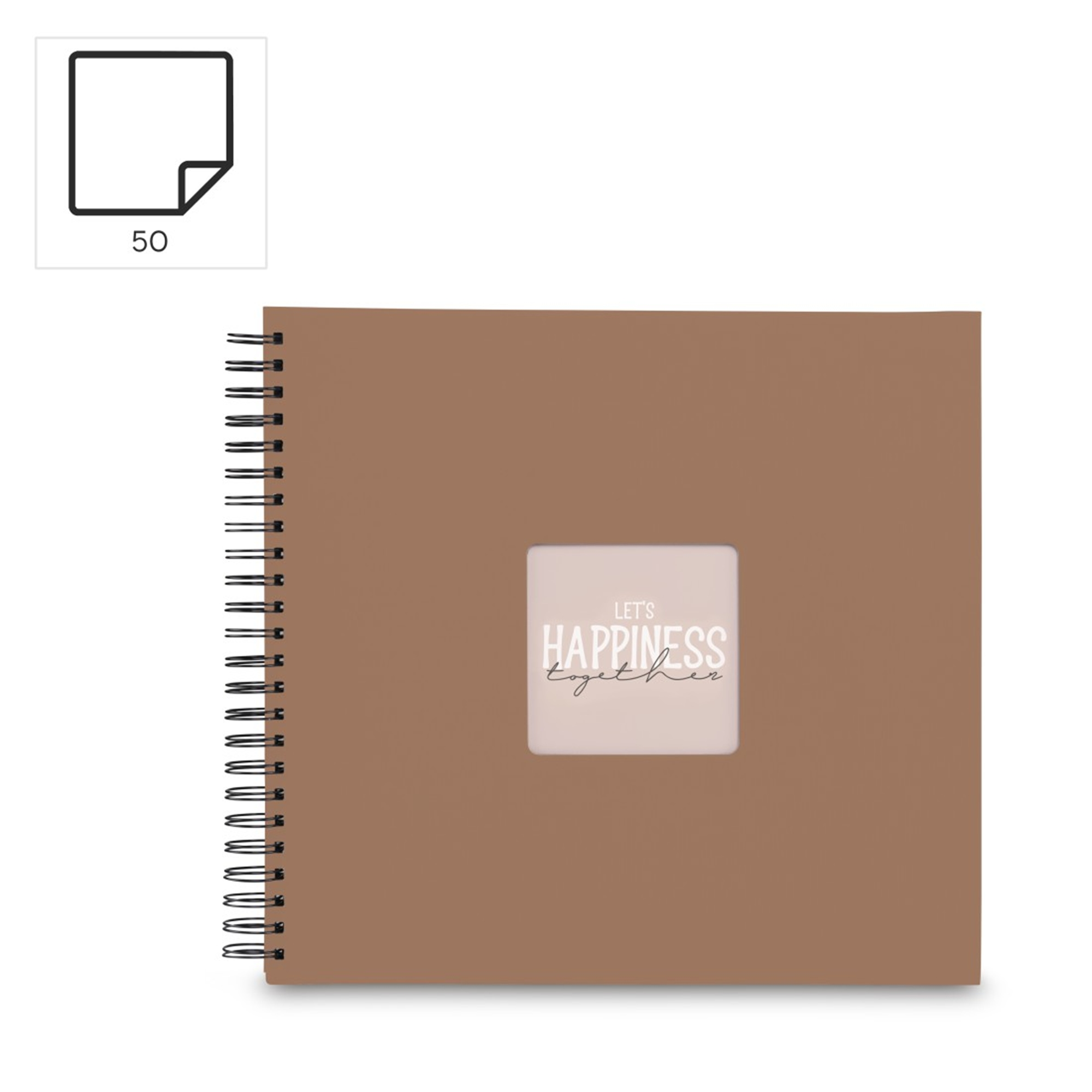 Brązowy notatnik bindowany spiralą z okienkiem zawierającym napis „Let's Happiness Together”.